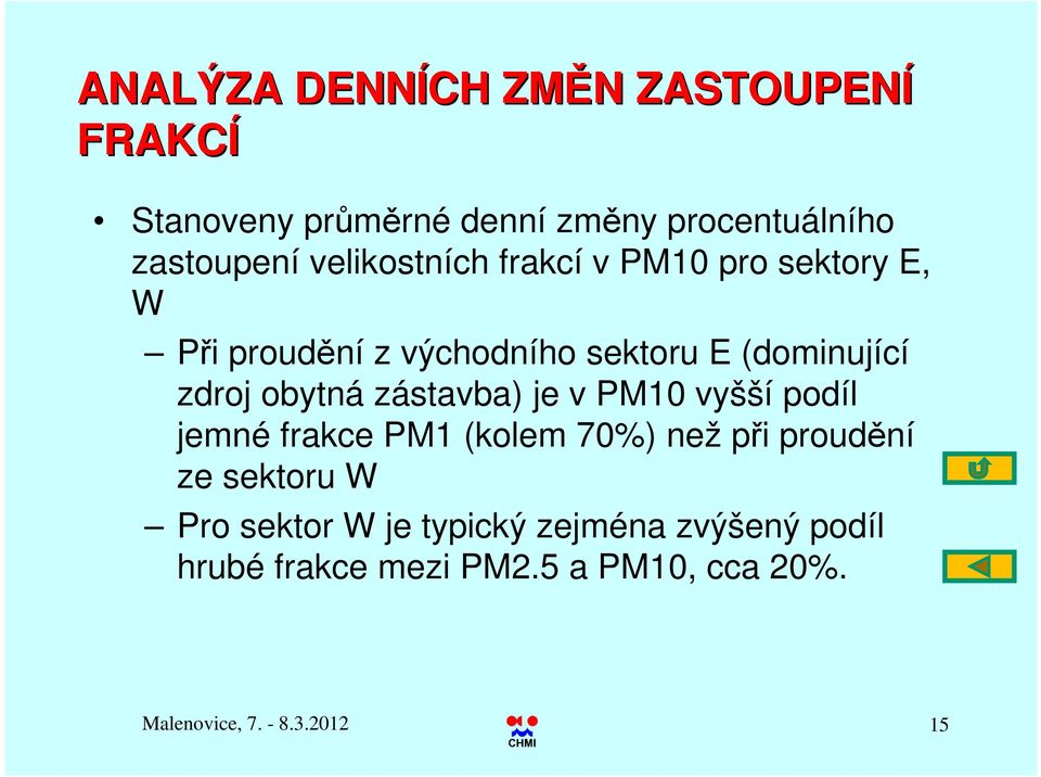 obytná zástavba) je v PM10 vyšší podíl jemné frakce PM1 (kolem 70%) než při proudění ze sektoru W Pro