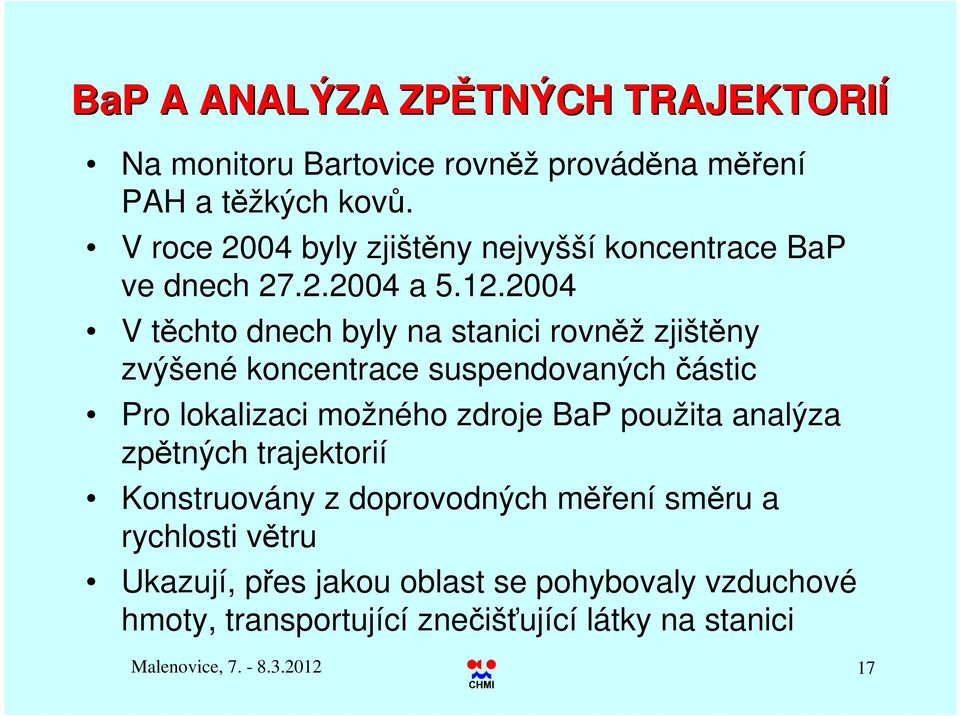 2004 V těchto dnech byly na stanici rovněž zjištěny zvýšené koncentrace suspendovaných částic Pro lokalizaci možného zdroje BaP