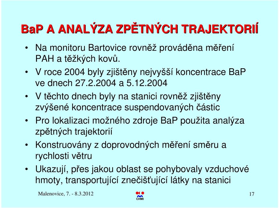 2004 V těchto dnech byly na stanici rovněž zjištěny zvýšené koncentrace suspendovaných částic Pro lokalizaci možného zdroje BaP