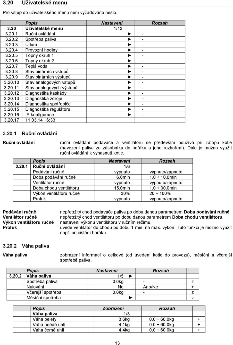 20.13 Diagnostika zdroje - 3.20.14 Diagnostika spotřebiče - 3.20.15 Diagnostika regulátoru - 3.20.16 IP konfigurace - 3.20.17 11.03.14 6:33 3.20.1 Ruční ovládání Ruční ovládání ruční ovládání podavače a ventilátoru se především používá při zátopu kotle (navezení paliva ze zásobníku do hořáku a jeho rozhoření).