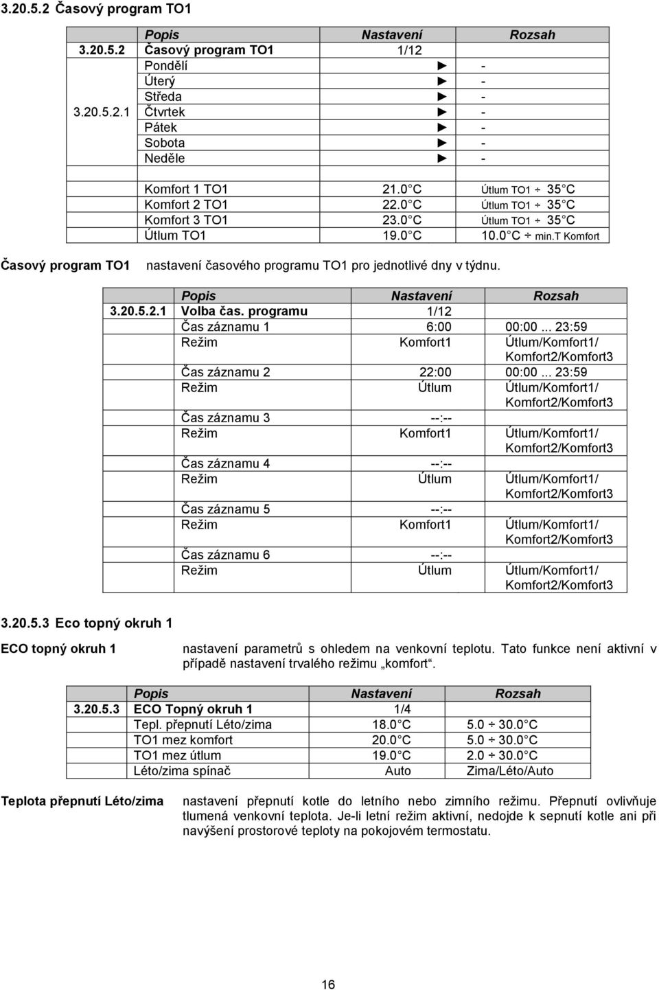 programu 1/12 Čas záznamu 1 6:00 00:00... 23:59 Režim Komfort1 Útlum/Komfort1/ Komfort2/Komfort3 Čas záznamu 2 22:00 00:00.