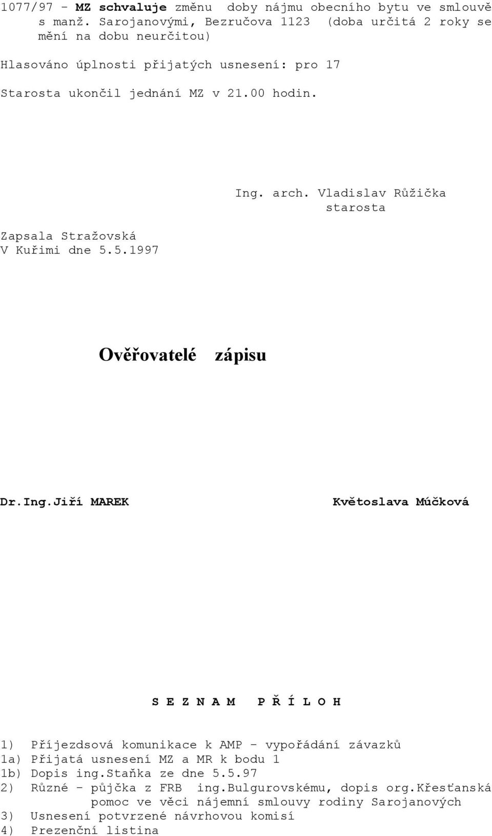 Zapsala Stražovská V Kuřimi dne 5.5.1997 Ing.