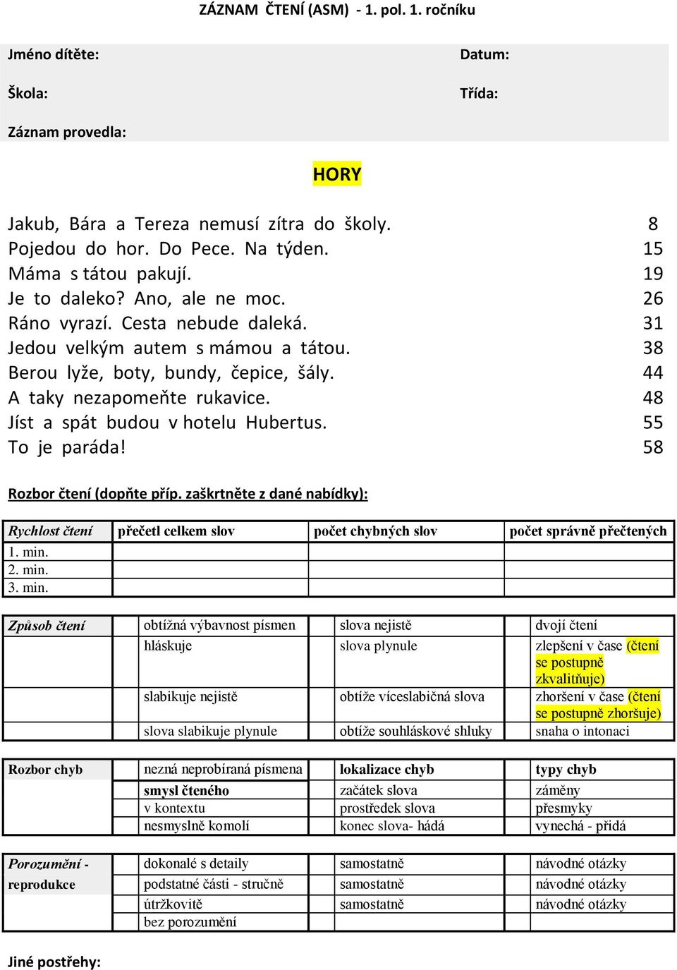 48 Jíst a spát budou v hotelu Hubertus. 55 To je paráda! 58 Rozbor čtení (dopňte příp. zaškrtněte z dané nabídky): Rychlost čtení přečetl celkem slov počet chybných slov počet správně přečtených 1.