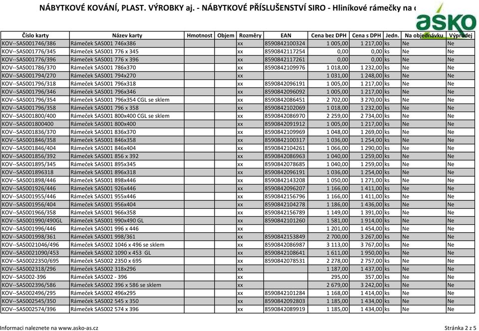 Ne Ne KOV--SAS001796/318 Rámeček SAS001 796x318 xx 8590842096191 1 005,00 1 217,00 ks Ne Ne KOV--SAS001796/346 Rámeček SAS001 796x346 xx 8590842096092 1 005,00 1 217,00 ks Ne Ne KOV--SAS001796/354