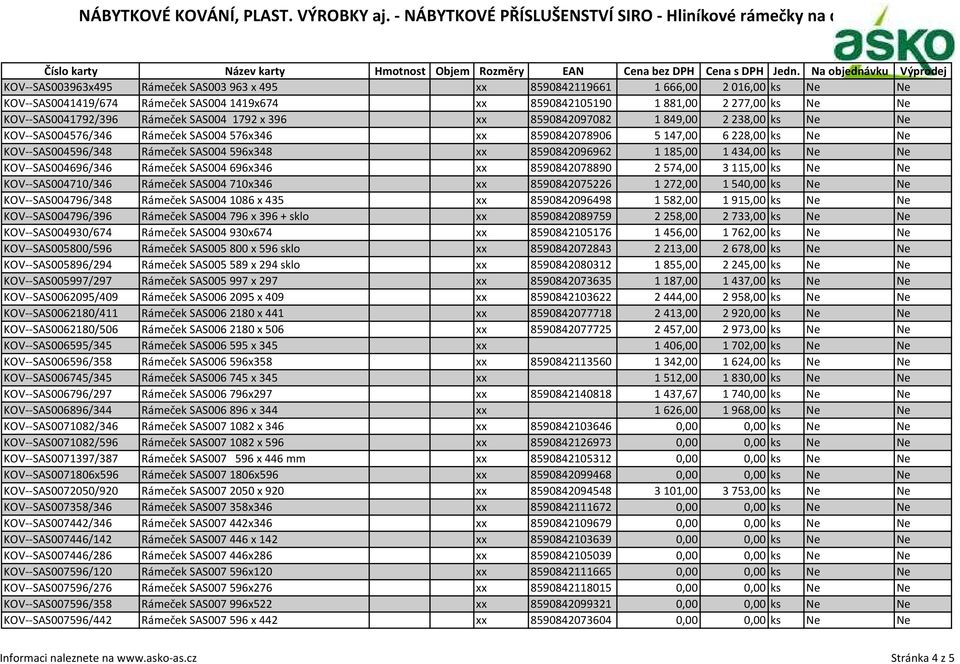 xx 8590842096962 1 185,00 1 434,00 ks Ne Ne KOV--SAS004696/346 Rámeček SAS004 696x346 xx 8590842078890 2 574,00 3 115,00 ks Ne Ne KOV--SAS004710/346 Rámeček SAS004 710x346 xx 8590842075226 1 272,00 1