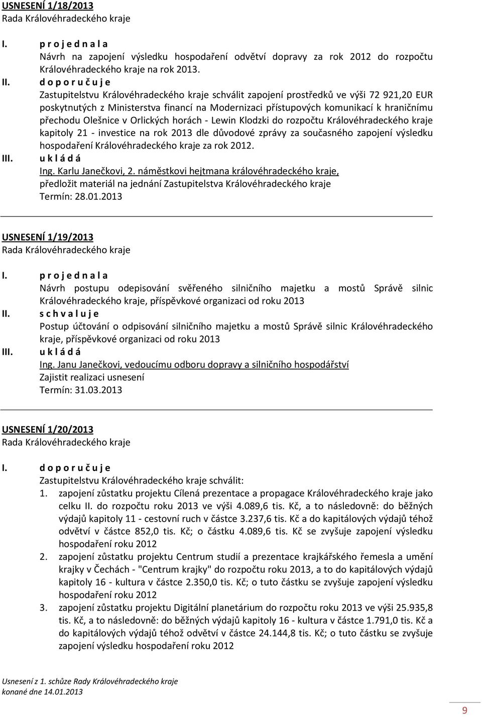 přechodu Olešnice v Orlických horách - Lewin Klodzki do rozpočtu Královéhradeckého kraje kapitoly 21 - investice na rok 2013 dle důvodové zprávy za současného zapojení výsledku hospodaření