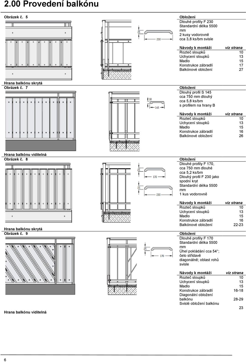 7 Obloţení Dlouhý profil S 145 cca 750 dlouhý cca 5,8 ks/bm s profilem na hrany B Návody k montáţi Uchycení sloupků viz strana 10 16 26 Hrana balkónu viditelná Obrázek č.
