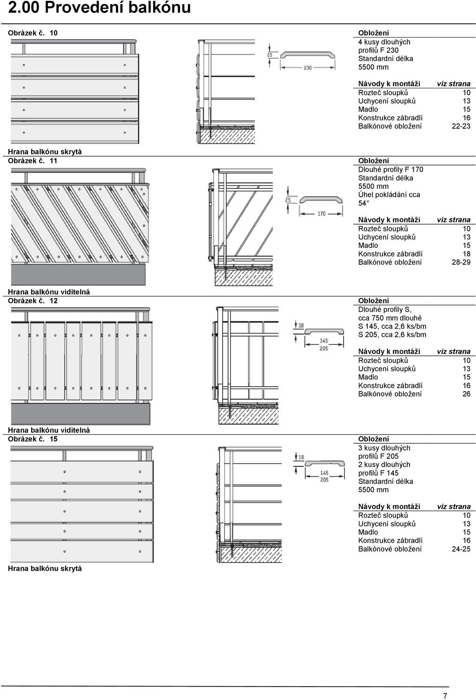 11 Obloţení Dlouhé profily F 170 Standardní délka 5500 Úhel pokládání cca 54 Návody k montáţi Uchycení sloupků viz strana 10 18 28-29 Hrana balkónu viditelná Obrázek č.
