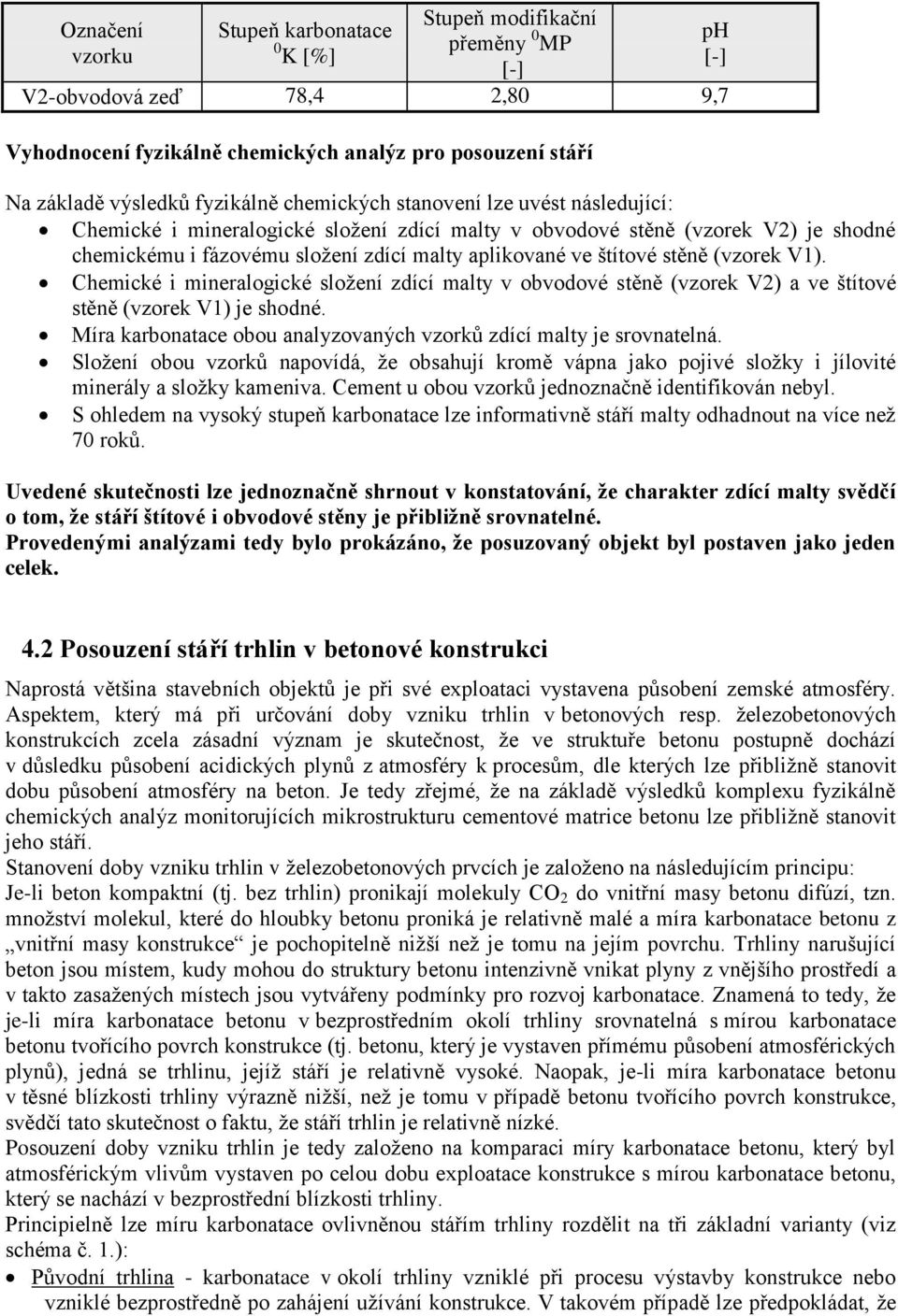 (vzorek V1). Chemické i mineralogické složení zdící malty v obvodové stěně (vzorek V2) a ve štítové stěně (vzorek V1) je shodné. Míra karbonatace obou analyzovaných vzorků zdící malty je srovnatelná.