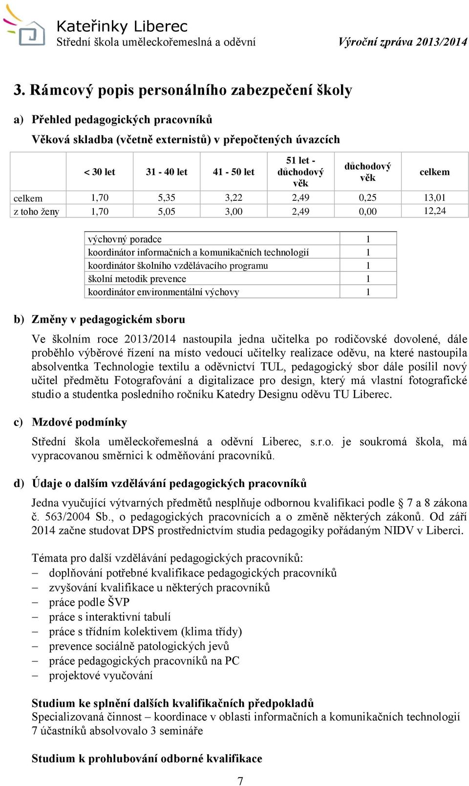 vzdělávacího programu 1 školní metodik prevence 1 koordinátor environmentální výchovy 1 b) Změny v pedagogickém sboru Ve školním roce 2013/2014 nastoupila jedna učitelka po rodičovské dovolené, dále