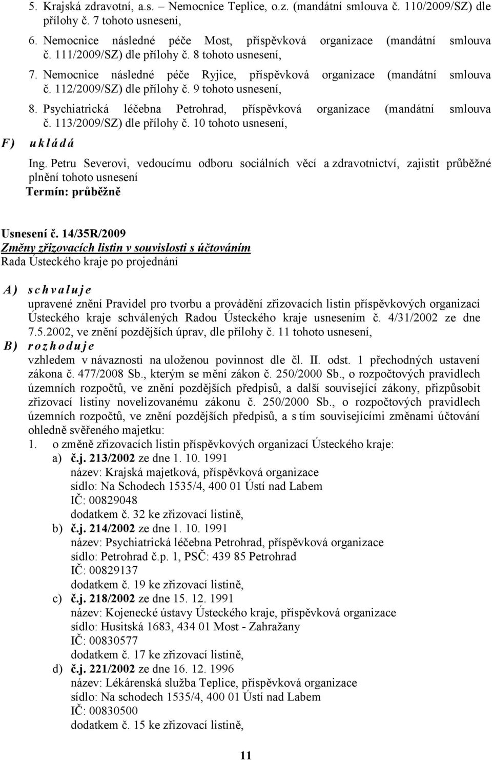 Psychiatrická léčebna Petrohrad, příspěvková organizace (mandátní smlouva č. 113/2009/SZ) dle přílohy č. 10 tohoto usnesení, F) ukládá Ing.