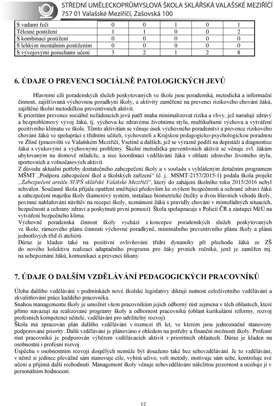 aktivity zaměřené na prevenci rizikového chování žáků, zajištěné školní metodičkou preventivních aktivit.