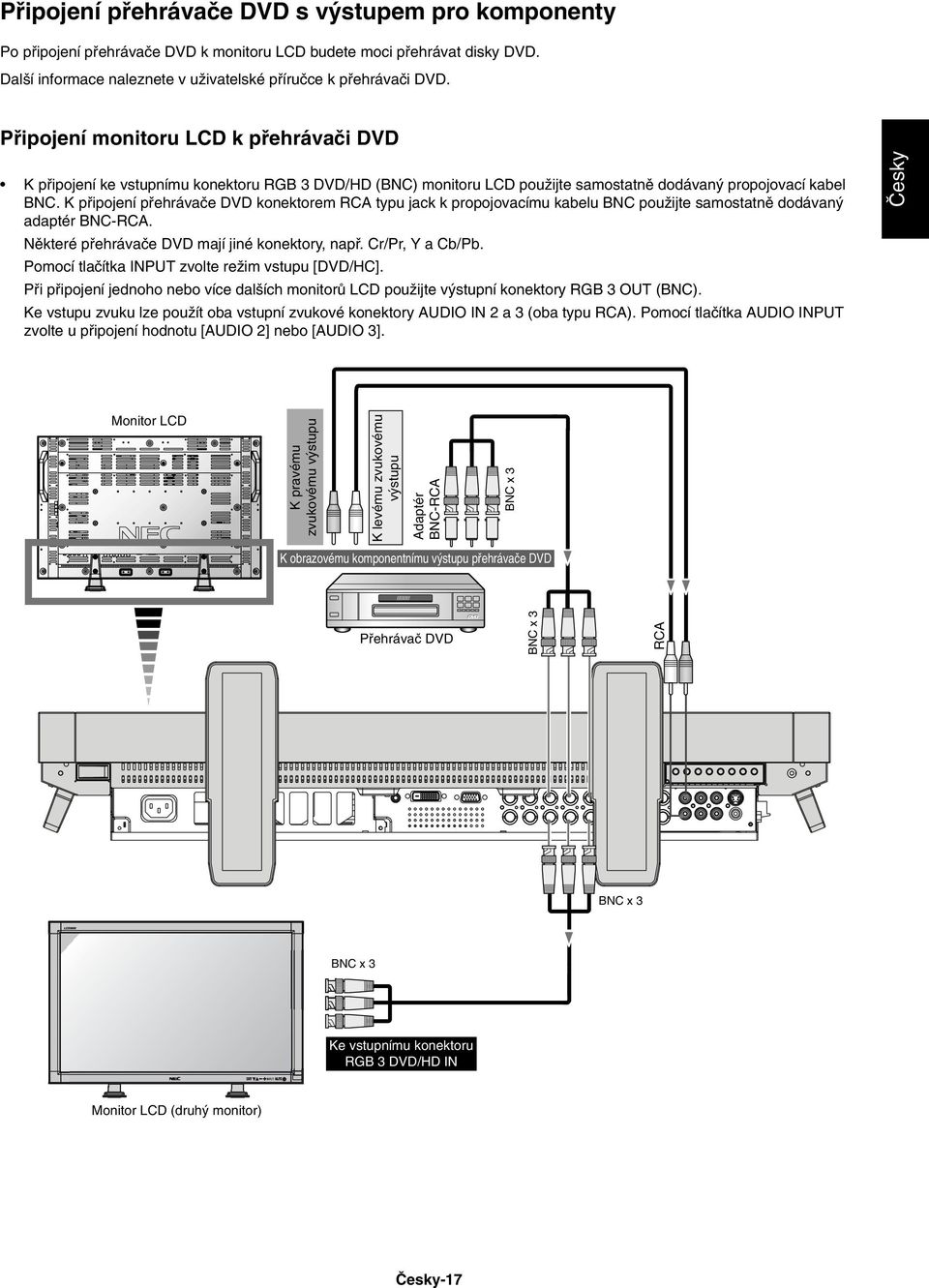 K pfiipojení pfiehrávaãe DVD konektorem RCA typu jack k propojovacímu kabelu BNC pouïijte samostatnû dodávan adaptér BNCRCA. Nûkteré pfiehrávaãe DVD mají jiné konektory, napfi. Cr/Pr, Y a Cb/Pb.