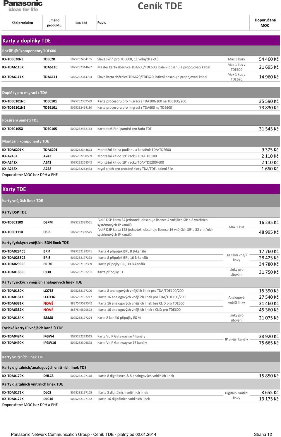 TDE620 21 695 Kč 14 960 Kč Doplňky pro migraci z TDA KX-TDE0101NE TDE0101 5025232389599 Karta procesoru pro migraci z TDA100/200 na TDE100/200 35 590 Kč KX-TDE6101NE TDE6101 5025232464180 Karta