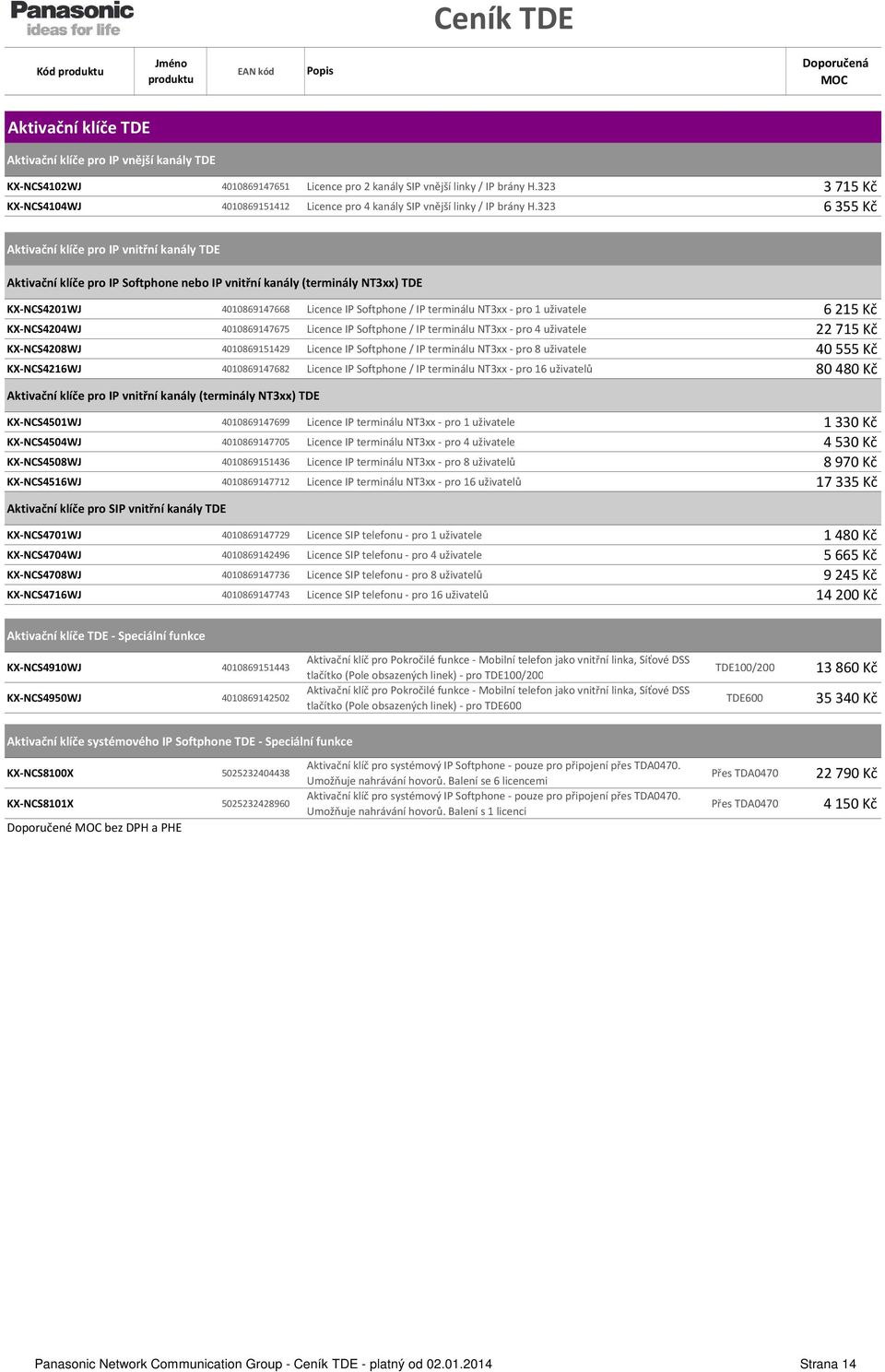 323 6 355 Kč Aktivační klíče pro IP vnitřní kanály TDE Aktivační klíče pro IP Softphone nebo IP vnitřní kanály (terminály NT3xx) TDE KX-NCS4201WJ 4010869147668 Licence IP Softphone / IP terminálu