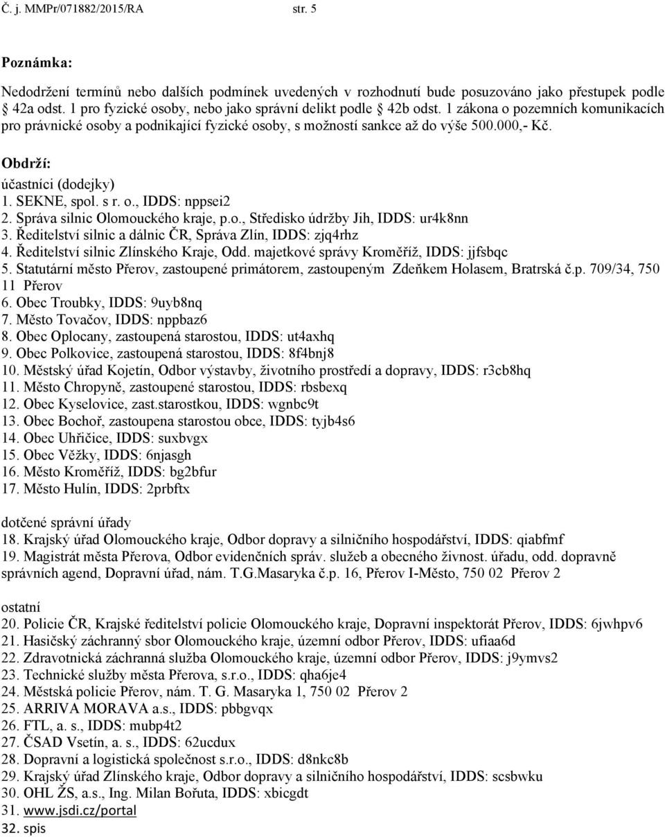 Obdrží: účastníci (dodejky) 1. SEKNE, spol. s r. o., IDDS: nppsei2 2. Správa silnic Olomouckého kraje, p.o., Středisko údržby Jih, IDDS: ur4k8nn 3.
