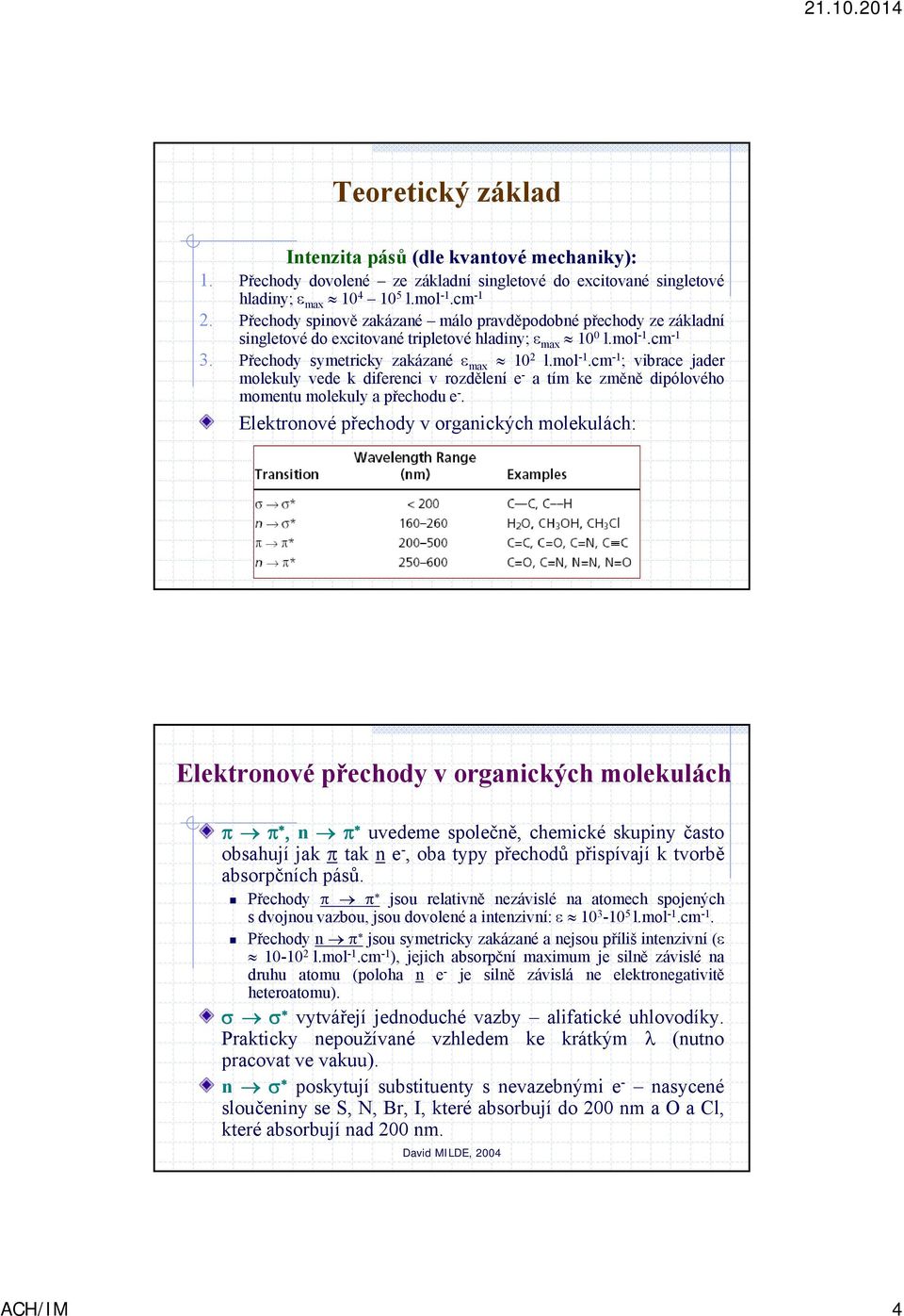 cm -1 3. Přechody symetricky zakázané max 10 2 l.mol -1.cm -1 ; vibrace jader molekuly vede k diferenci v rozdělení e - a tím ke změně dipólového momentu molekuly a přechodu e -.