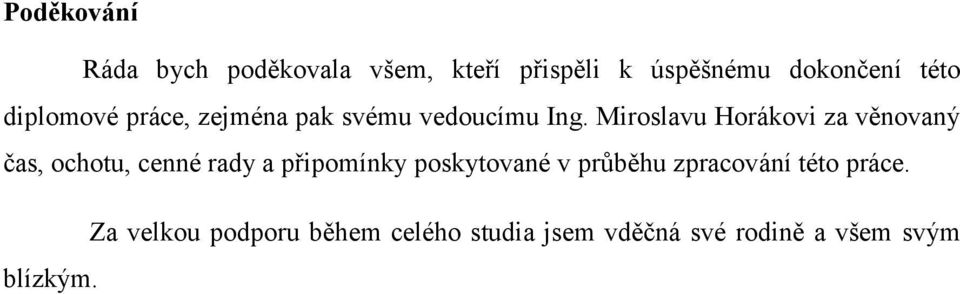 Miroslavu Horákovi za věnovaný čas, ochotu, cenné rady a připomínky poskytované