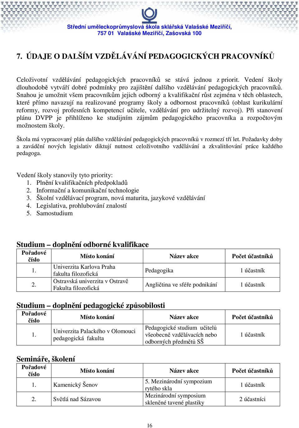 Snahou je umožnit všem pracovníkům jejich odborný a kvalifikační růst zejména v těch oblastech, které přímo navazují na realizované programy školy a odbornost pracovníků (oblast kurikulární reformy,