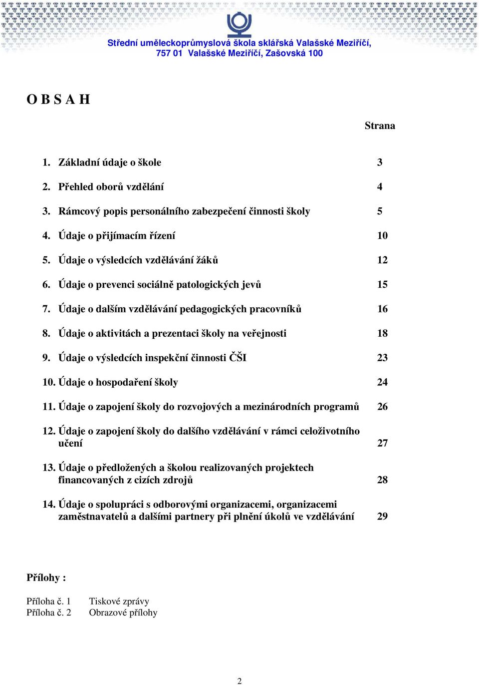 Údaje o aktivitách a prezentaci školy na veřejnosti 18 9. Údaje o výsledcích inspekční činnosti ČŠI 23 10. Údaje o hospodaření školy 24 11.