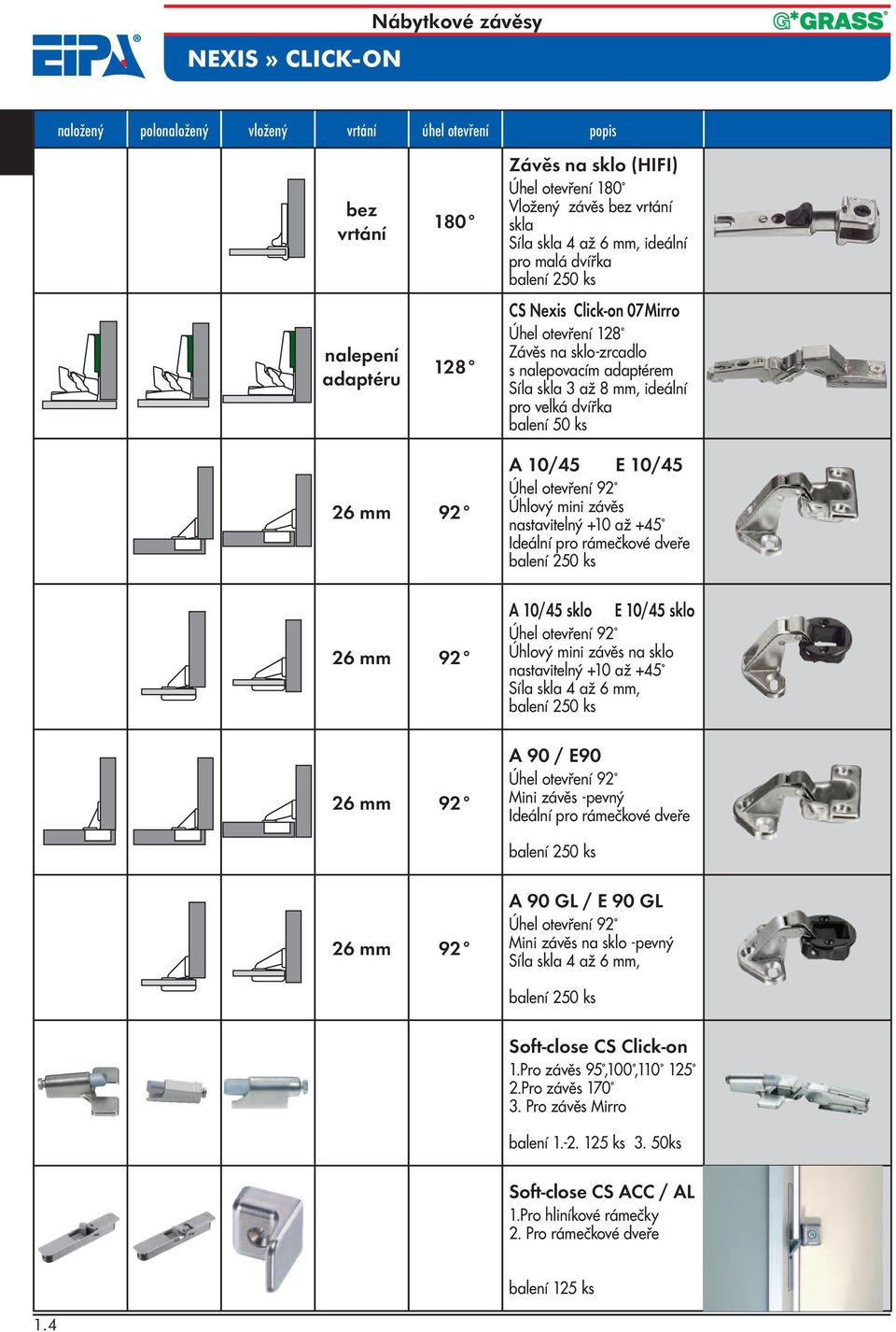 balení 50 ks 26 mm 92 26 mm 92 26 mm 92 A 10/45 E 10/45 Úhel otevření 92 Úhlový mini závěs nastavitelný +10 až +45 Ideální pro rámečkové dveře balení 250 ks A 10/45 sklo E 10/45 sklo Úhel otevření 92