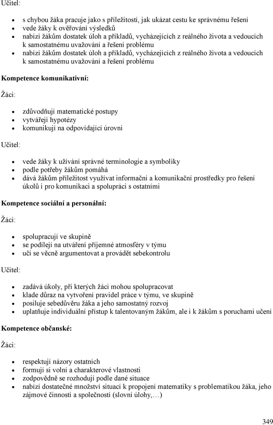 komunikativní: Žáci: zdůvodňují matematické postupy vytvářejí hypotézy komunikují na odpovídající úrovni Učitel: vede žáky k užívání správné terminologie a symboliky podle potřeby žákům pomáhá dává
