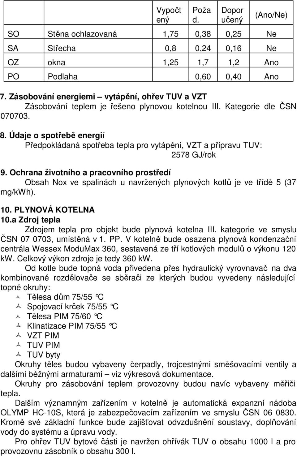 Údaje o spotřebě energií Předpokládaná spotřeba tepla pro vytápění, VZT a přípravu TUV: 2578 GJ/rok 9.