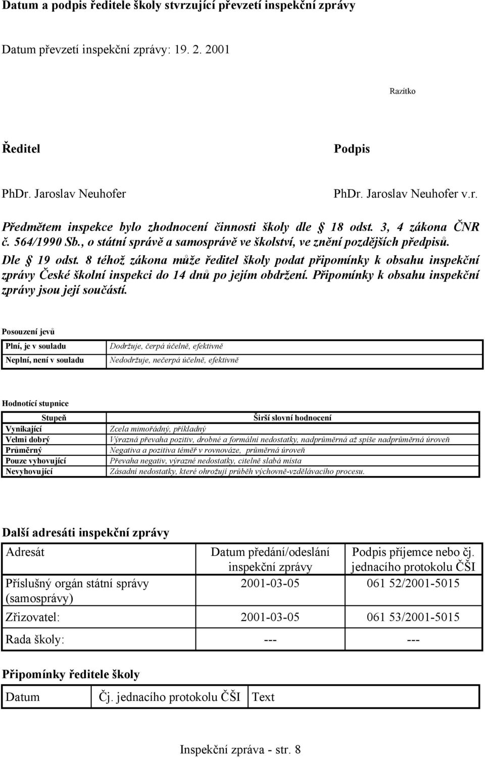 8 téhož zákona může ředitel školy podat připomínky k obsahu inspekční zprávy České školní inspekci do 14 dnů po jejím obdržení. Připomínky k obsahu inspekční zprávy jsou její součástí.