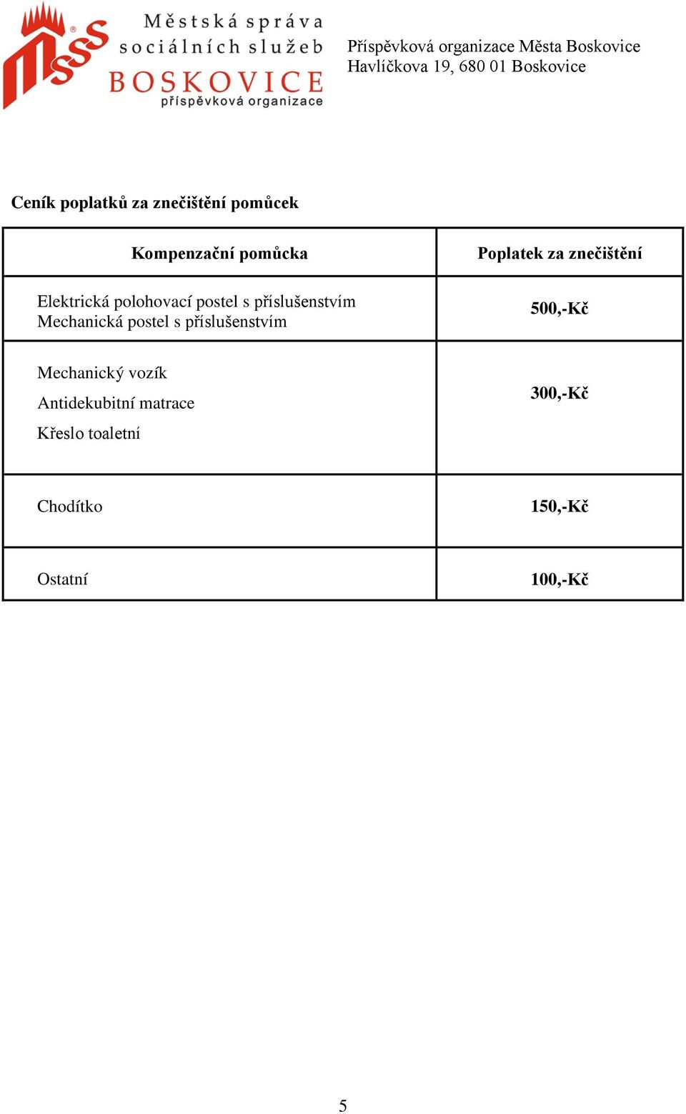 příslušenstvím Poplatek za znečištění 500,-Kč Mechanický vozík