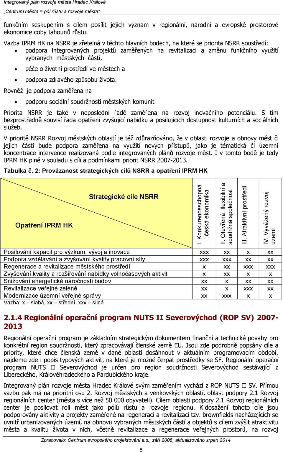 Vazba IPRM HK na NSRR je zřetelná v těchto hlavních bodech, na které se priorita NSRR soustředí: podpora integrovaných projektů zaměřených na revitalizaci a změnu funkčního využití vybraných