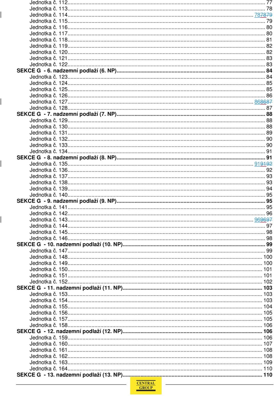 .. 868687 Jednotka č. 128... 87 SEKCE G - 7. nadzemní podlaží (7. NP)... 88 Jednotka č. 129... 88 Jednotka č. 130... 88 Jednotka č. 131... 89 Jednotka č. 132... 90 Jednotka č. 133... 90 Jednotka č. 134.