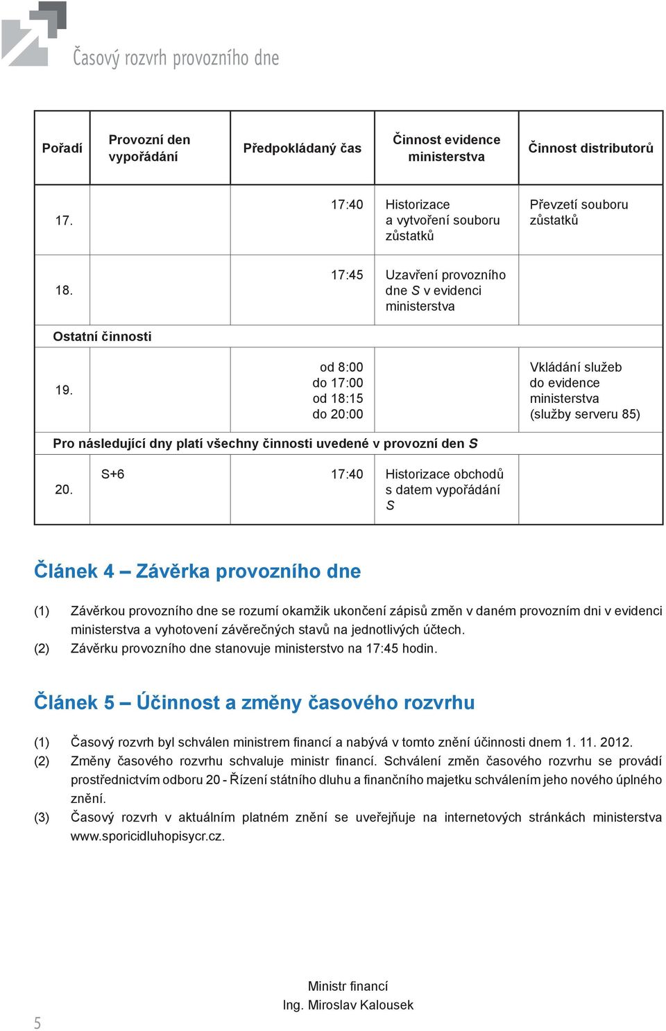 S+6 17:40 Historizace obchodů s datem S Článek 4 Závěrka provozního dne (1) Závěrkou provozního dne se rozumí okamžik ukončení zápisů změn v daném provozním dni v evidenci a vyhotovení závěrečných