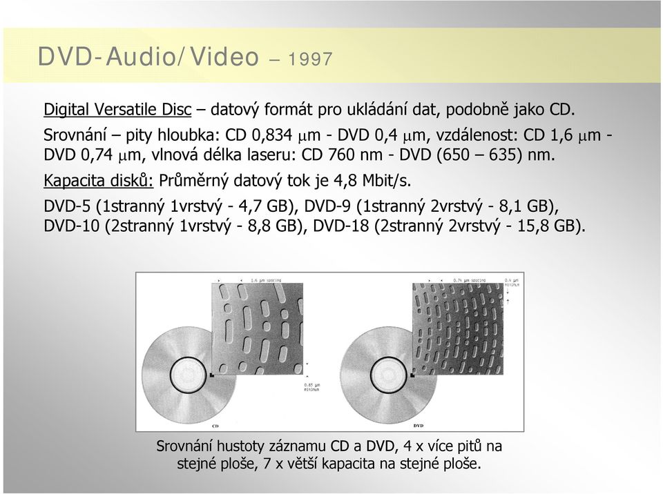 635) nm. Kapacita disků: Průměrný datový tok je 4,8 Mbit/s.