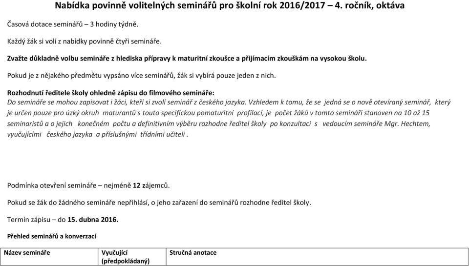 Rozhodnutí ředitele školy ohledně zápisu do filmového semináře: Do semináře se mohou zapisovat i žáci, kteří si zvolí seminář z českého jazyka.