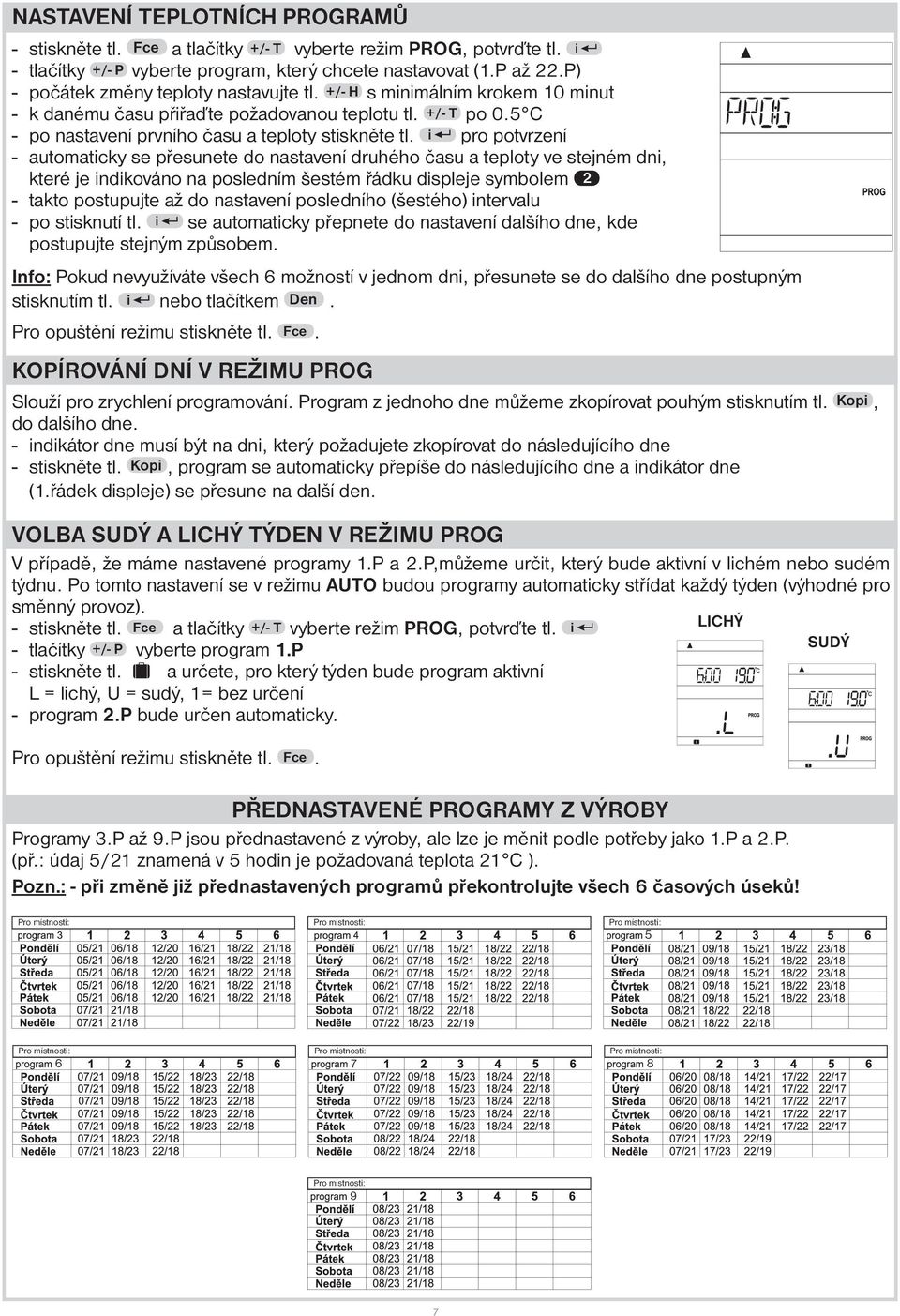 i pro potvrzení - automaticky se přesunete do nastavení druhého času a teploty ve stejném dni, které je indikováno na posledním šestém řádku displeje symbolem - takto postupujte až do nastavení