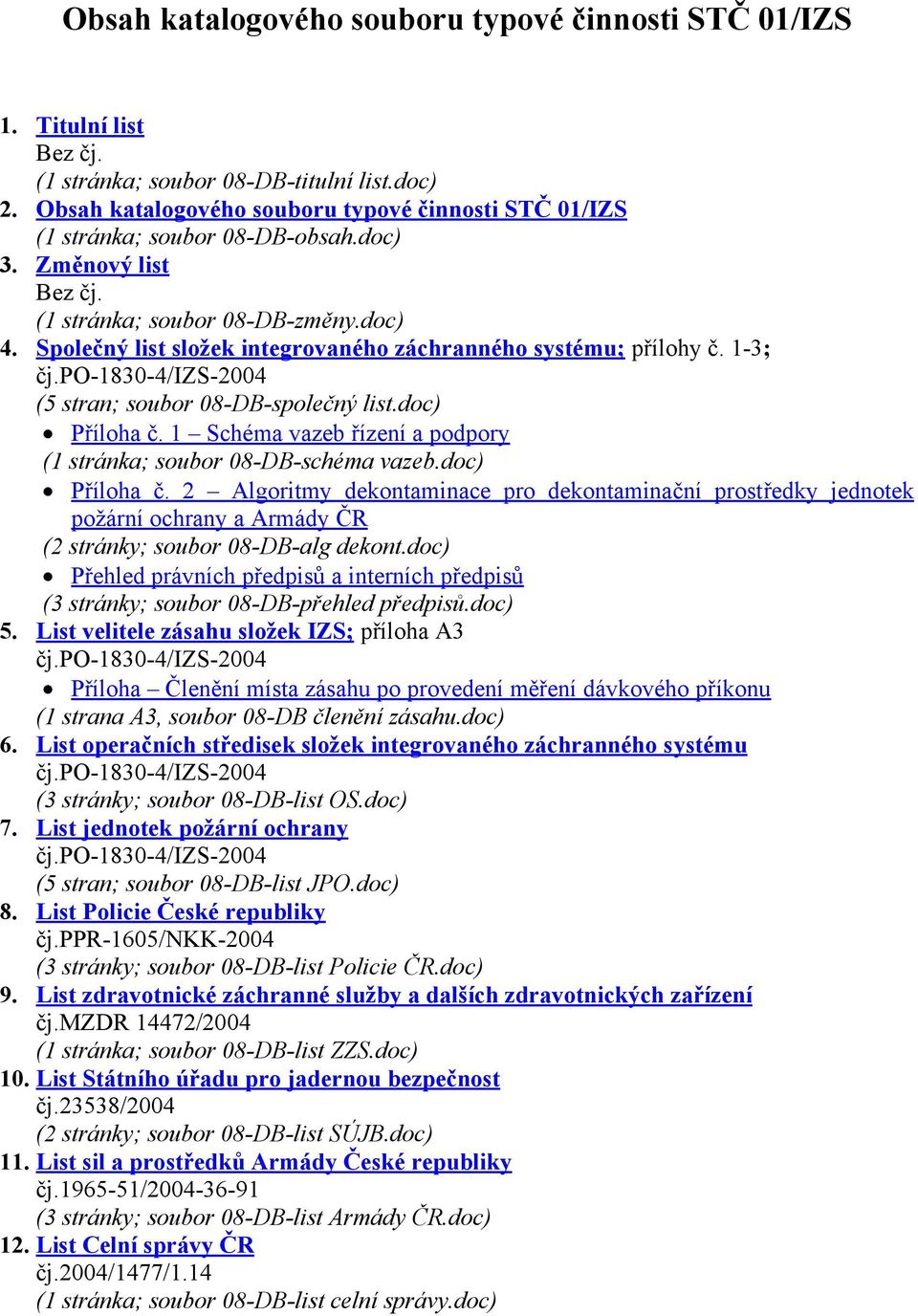 Společný list složek integrovaného záchranného systému; přílohy č. 1-3; čj.po-1830-4/izs-2004 (5 stran; soubor 08-DB-společný list.doc) Příloha č.