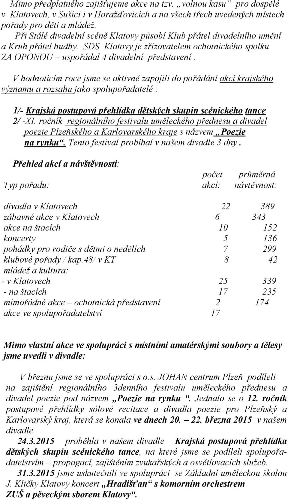 V hodnotícím roce jsme se aktivně zapojili do pořádání akcí krajského významu a rozsahu jako spolupořadatelé : 1/- Krajská postupová přehlídka dětských skupin scénického tance 2/ -XI.