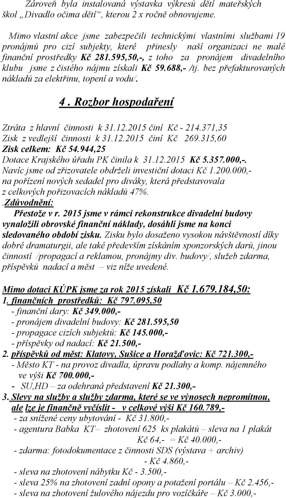 595,50,-, z toho za pronájem divadelního klubu jsme z čistého nájmu získali Kč 59.688,- /tj. bez přefakturovaných nákladů za elektřinu, topení a vodu/. 4.