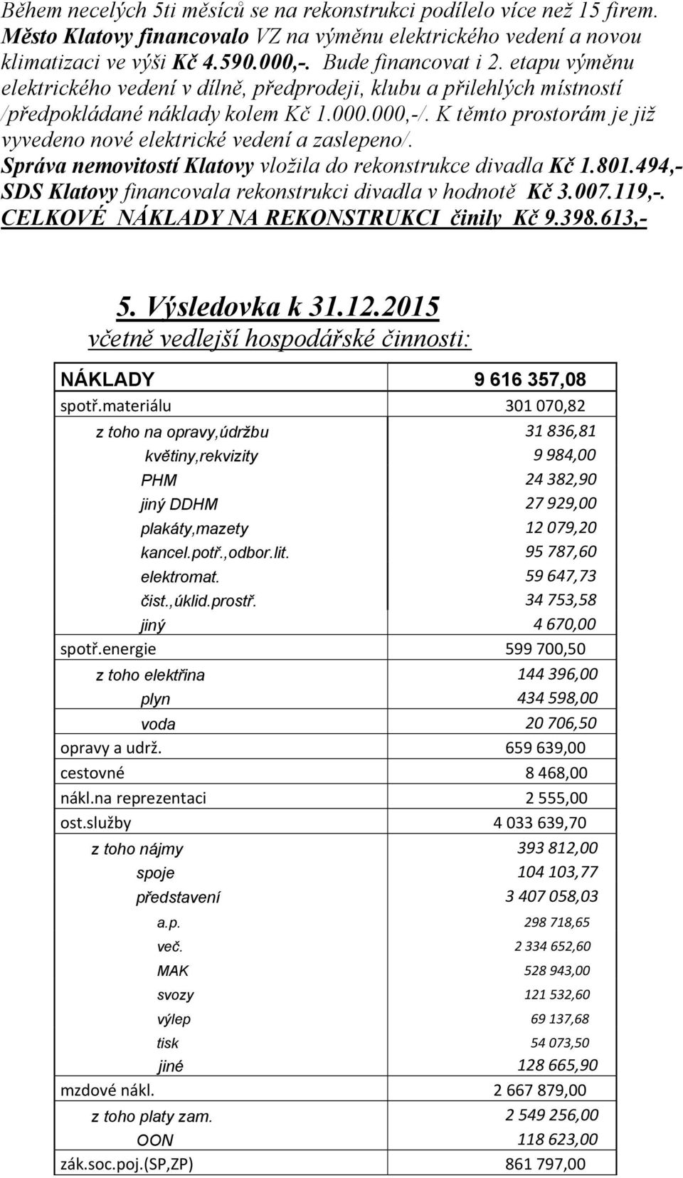 Správa nemovitostí Klatovy vložila do rekonstrukce divadla Kč 1.801.494,- SDS Klatovy financovala rekonstrukci divadla v hodnotě Kč 3.007.119,-. CELKOVÉ NÁKLADY NA REKONSTRUKCI činily Kč 9.398.