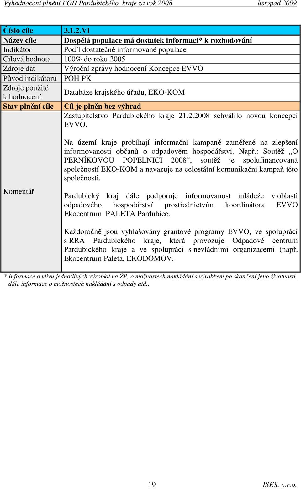 Původ indikátoru POH PK Zdroje použité k hodnocení Databáze krajského úřadu, EKO-KOM Stav plnění cíle Cíl je plněn bez výhrad Zastupitelstvo Pardubického kraje 21.2.2008 schválilo novou koncepci EVVO.