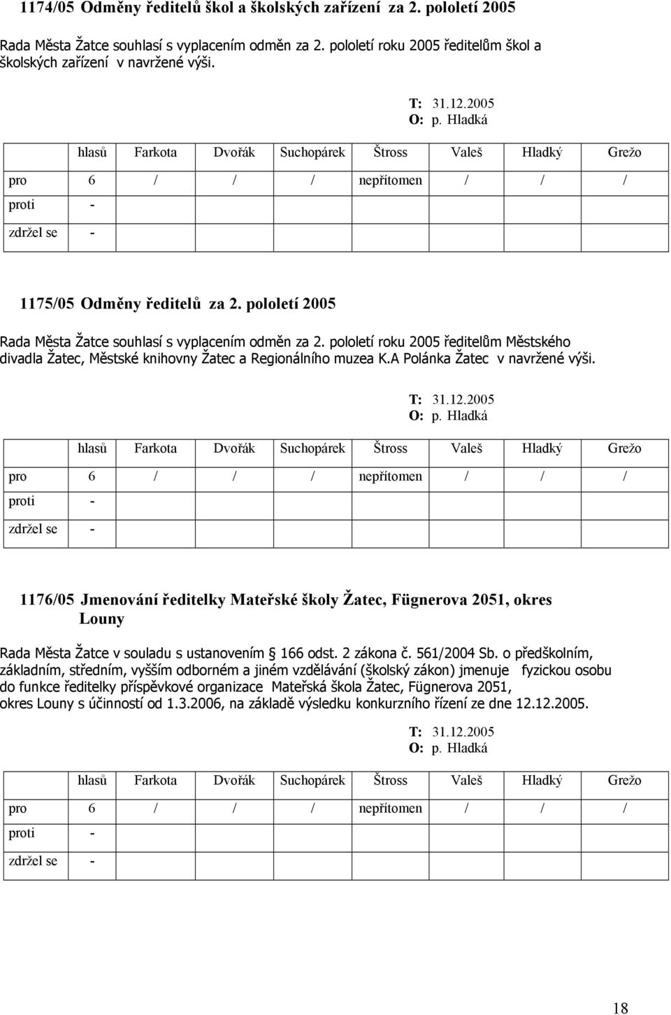 A Polánka Žatec v navržené výši. 1176/05 Jmenování ředitelky Mateřské školy Žatec, Fügnerova 2051, okres Louny Rada Města Žatce v souladu s ustanovením 166 odst. 2 zákona č. 561/2004 Sb.