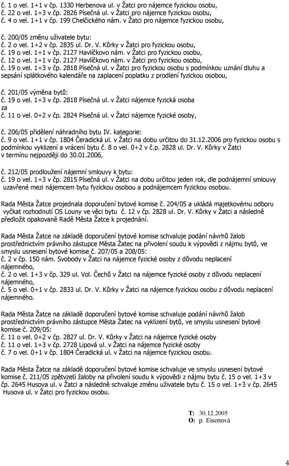 v Žatci pro fyzickou osobu, č. 12 o vel. 1+1 v čp. 2127 Havlíčkovo nám. v Žatci pro fyzickou osobu, č. 19 o vel. 1+3 v čp. 2818 Písečná ul.