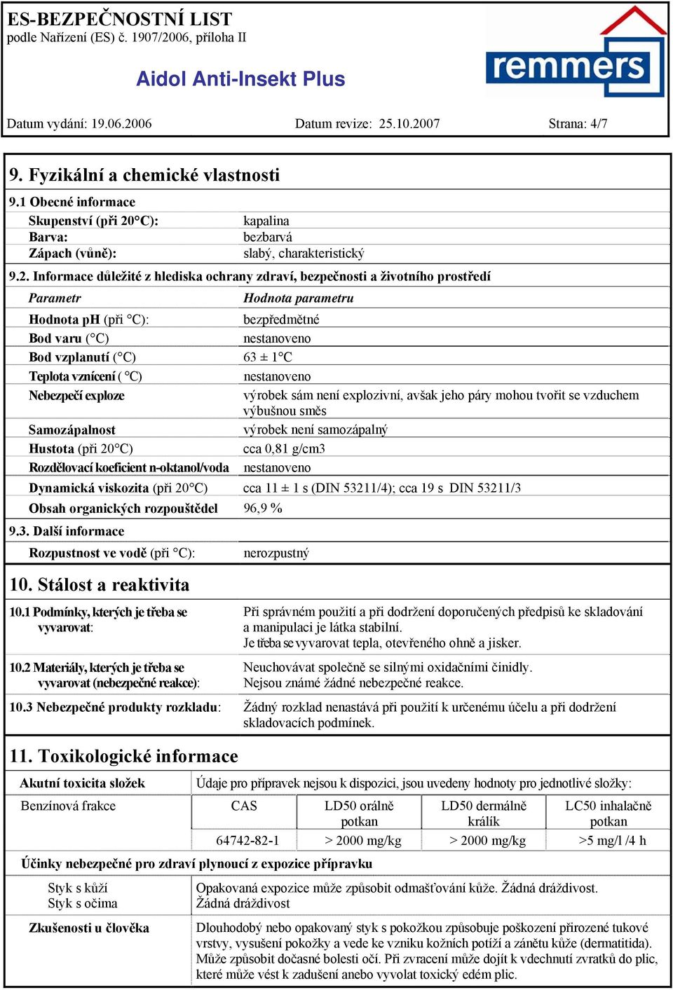 C): Barva: Zápach (vůně): kapalina bezbarvá slabý, charakteristický 9.2.