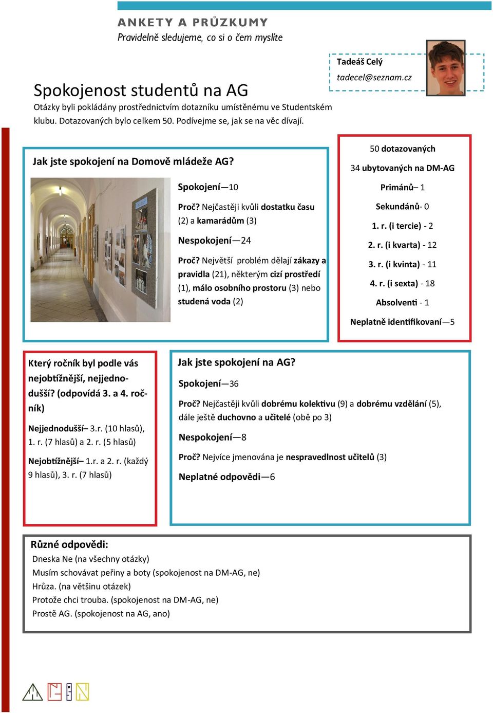 Největší problém dělají zákazy a pravidla (21), některým cizí prostředí (1), málo osobního prostoru (3) nebo studená voda (2) 50 dotazovaných 34 ubytovaných na DM-AG Primánů 1 Sekundánů- 0 1. r.