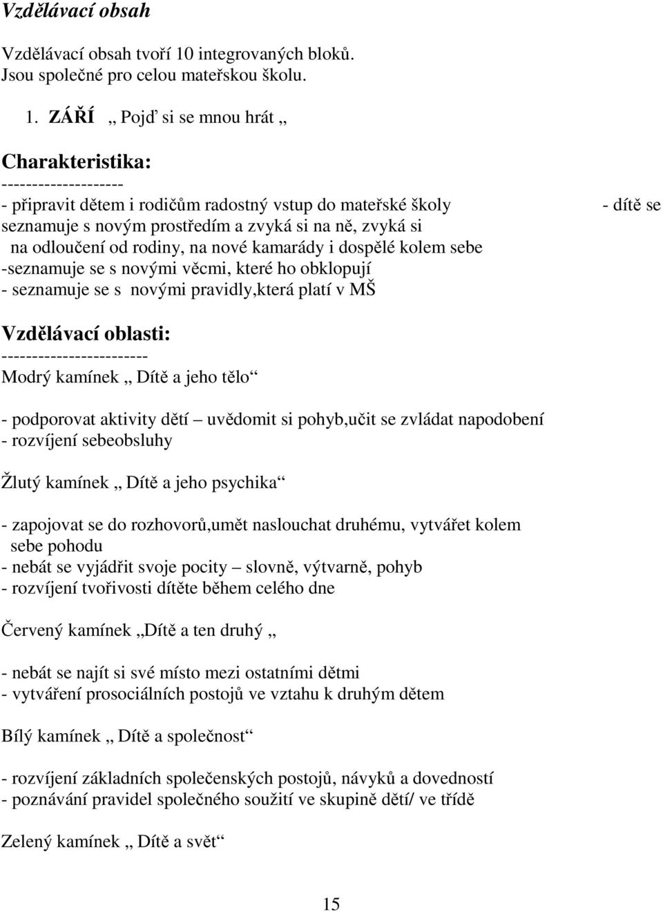 ZÁŘÍ Pojď si se mnou hrát Charakteristika: -------------------- - připravit dětem i rodičům radostný vstup do mateřské školy - dítě se seznamuje s novým prostředím a zvyká si na ně, zvyká si na