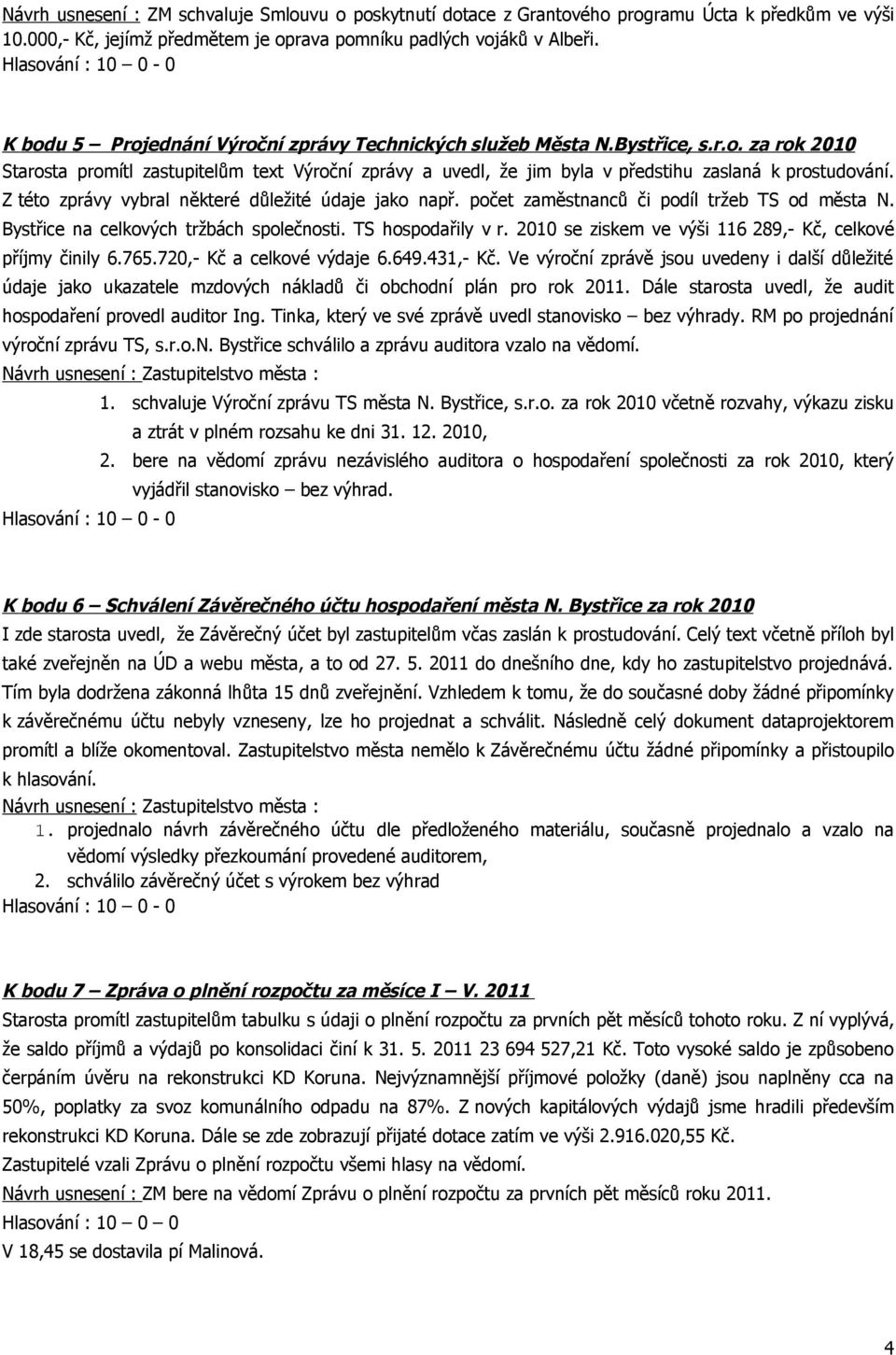 Z této zprávy vybral některé důležité údaje jako např. počet zaměstnanců či podíl tržeb TS od města N. Bystřice na celkových tržbách společnosti. TS hospodařily v r.
