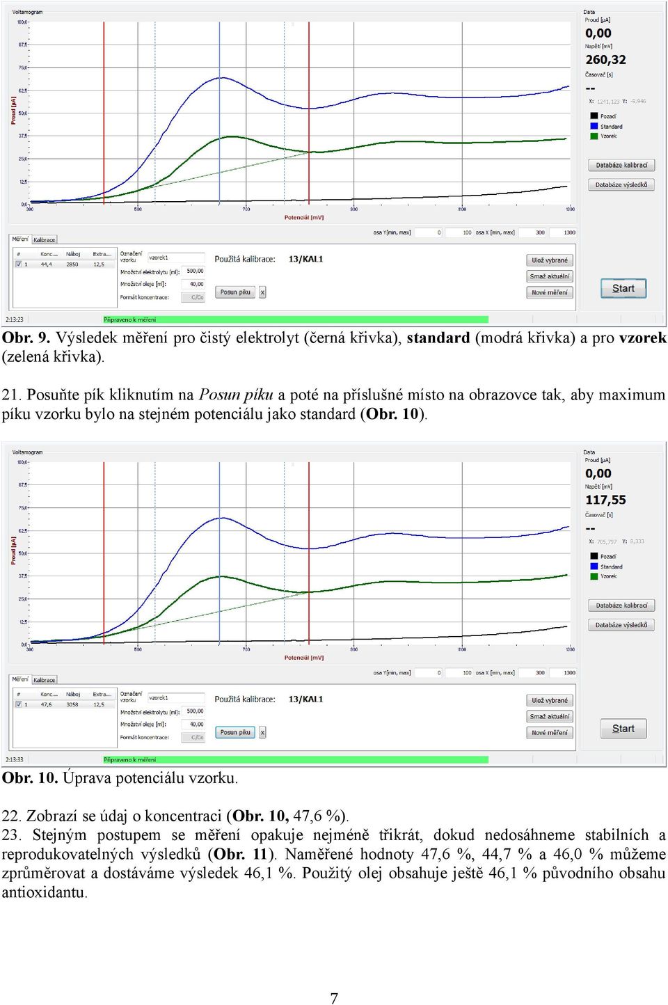 10. Úprava potenciálu vzorku. 22. Zobrazí se údaj o koncentraci (Obr. 10, 47,6 %). 23.