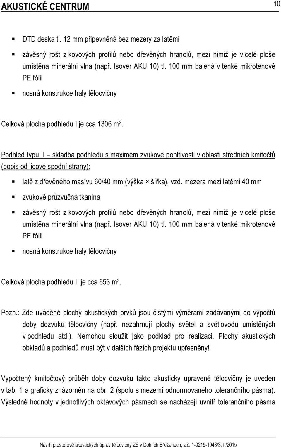 Podhled typu II skladba podhledu s maximem zvukové pohltivosti v oblasti středních kmitočtů (popis od licové spodní strany): latě z dřevěného masívu 60/40 mm (výška šířka), vzd.