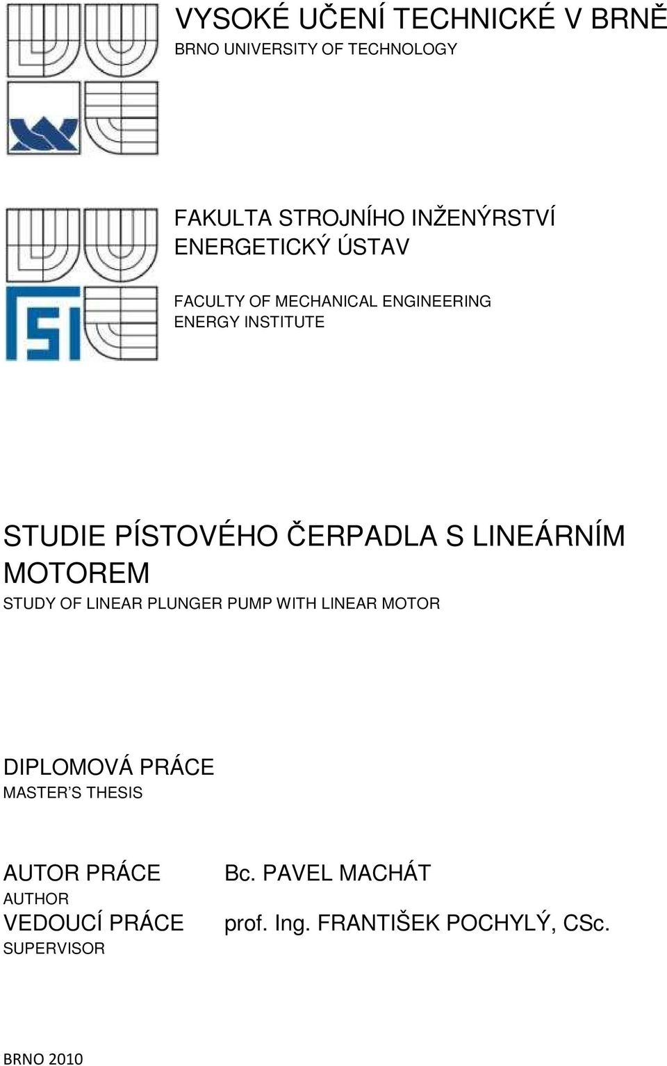 LINEÁRNÍM MOTOREM STUDY OF LINEAR PLUNGER PUMP WITH LINEAR MOTOR DIPLOMOVÁ PRÁCE MASTER S THESIS
