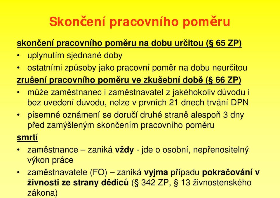 prvních 21 dnech trvání DPN písemné oznámení se doru í druhé stran alespo 3 dny ed zamýšleným skon ením pracovního pom ru smrtí zam stnance zaniká